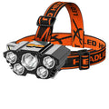 Long-range 10W LED miner's headlamp with adjustable strap and charging cable on a colour box.