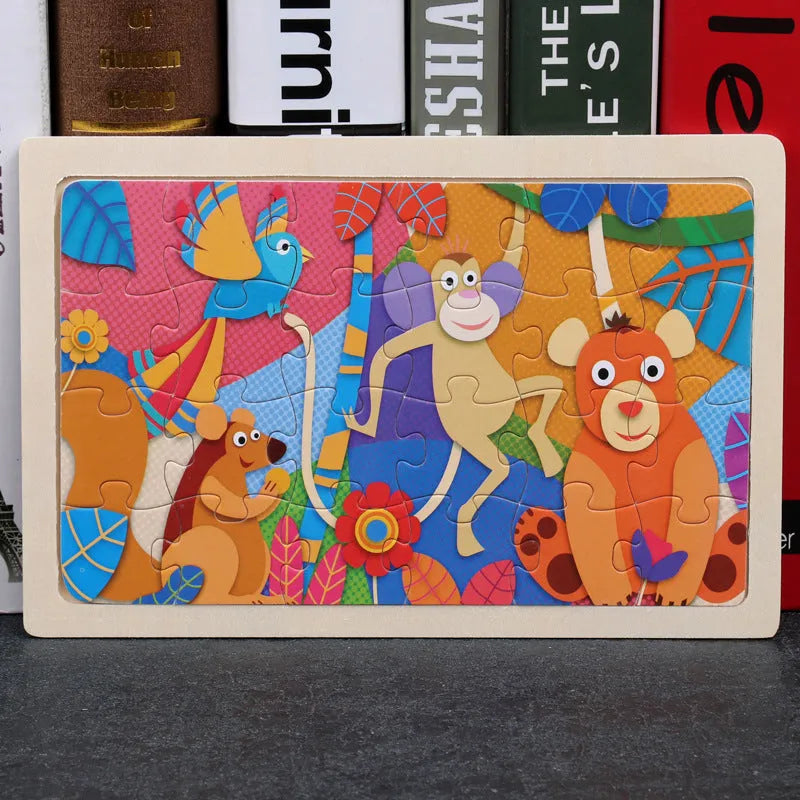 80-piece wooden animal puzzle set in iron box, designed for children aged 3 and over, featuring bear and riding themes