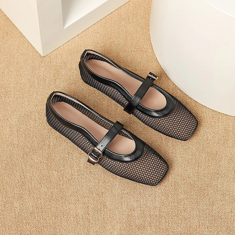 Women's beige mesh summer shoes with buckle fastening and square toe