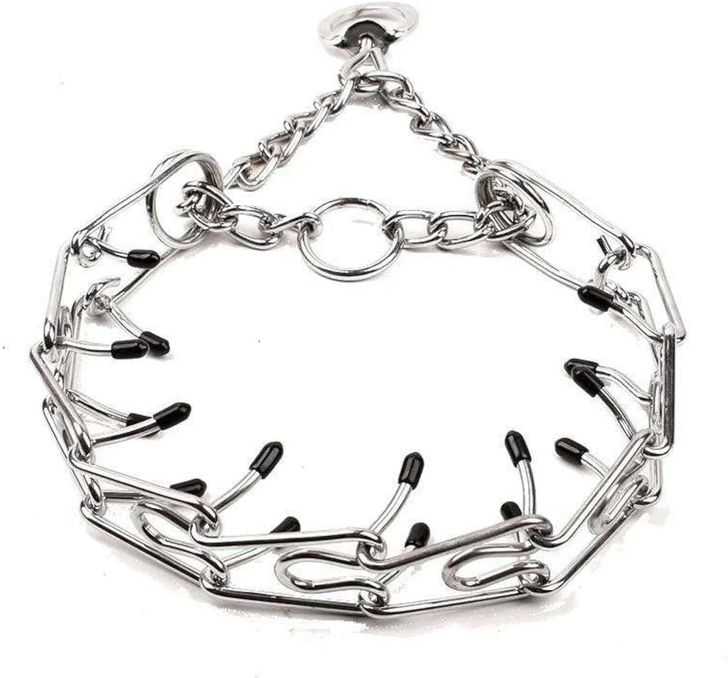 Stainless steel dog prong collar with rubber tips and adjustable chain design