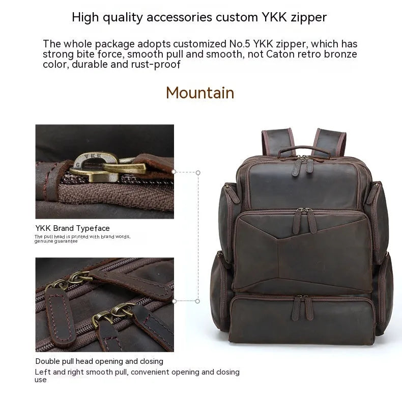 Dark brown retro crazy horse leather men's backpack open to show 17-inch laptop compartment and internal pockets.