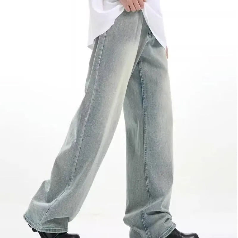 Blue retro casual trousers made from rabbit fur fabric with loose fit and high elasticity