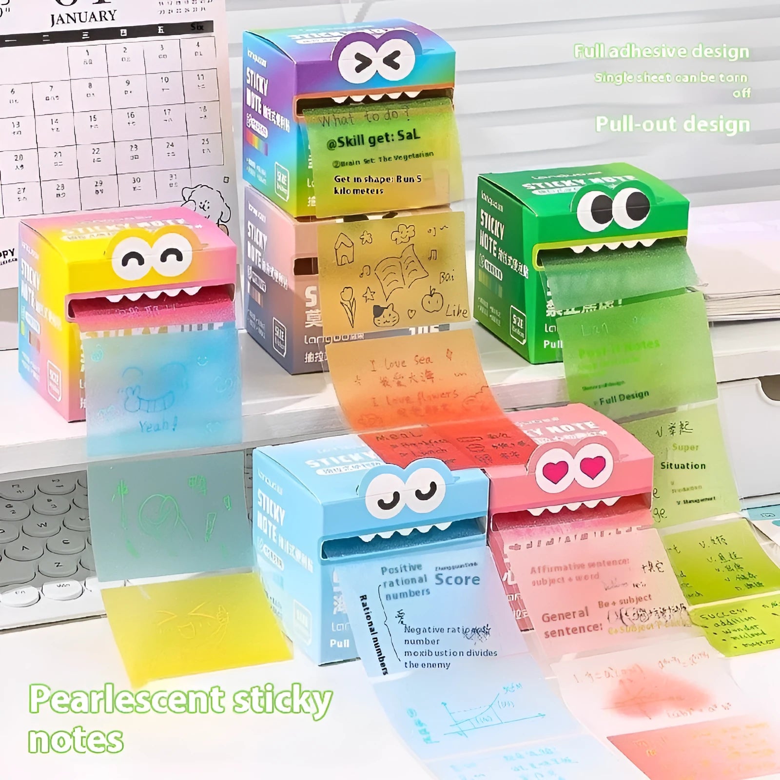 Pearl gradient transparent sticky notes refill pack with 105 pages showing six colour options