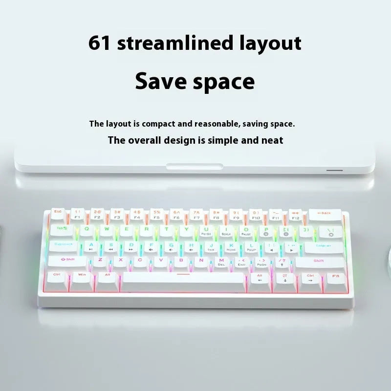 Bluish-black 61-key mechanical keyboard with wired USB cable on desktop