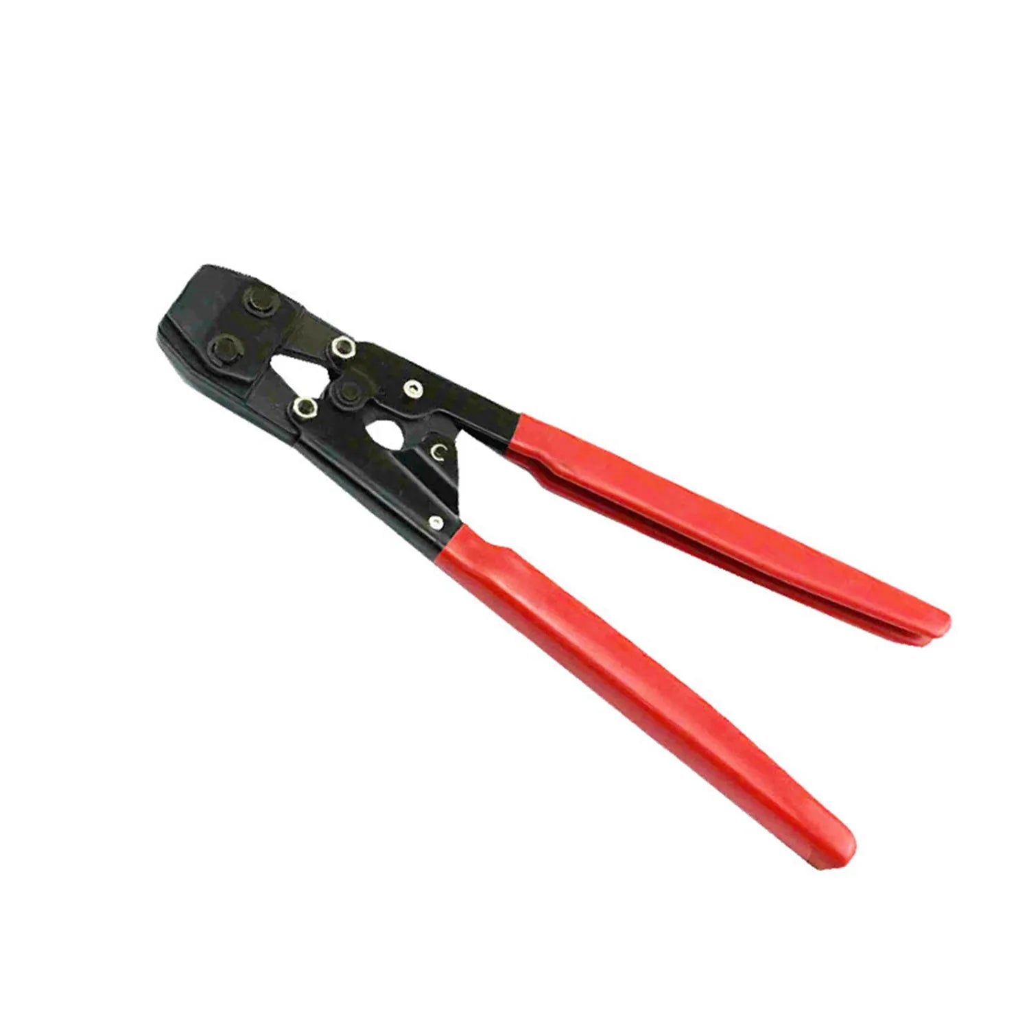 Red cloth single ear PEX clamp set with metal construction and carbon steel cutting edge