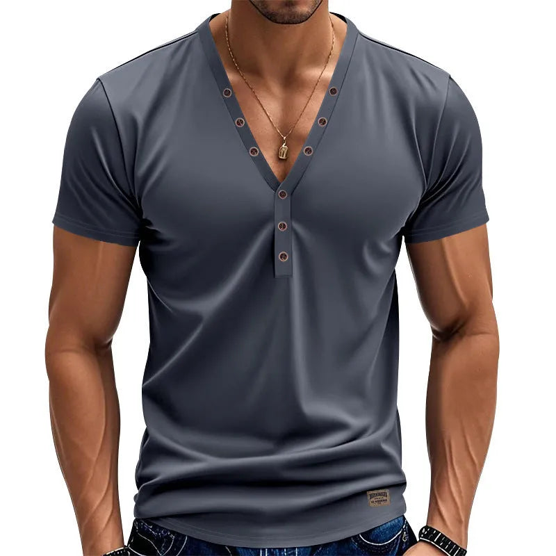 Men's loose fit V-neck sports top with button detailing in chemical fibre blend fabric