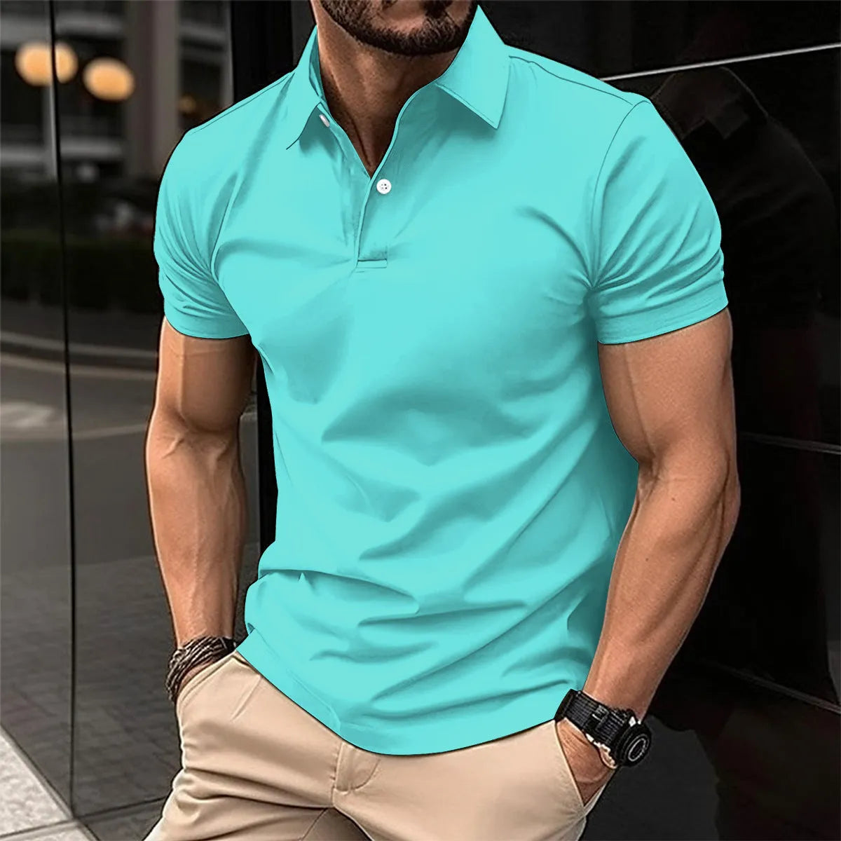 Men's solid colour short sleeve polo shirt with buttoned lapel collar on a hanger.