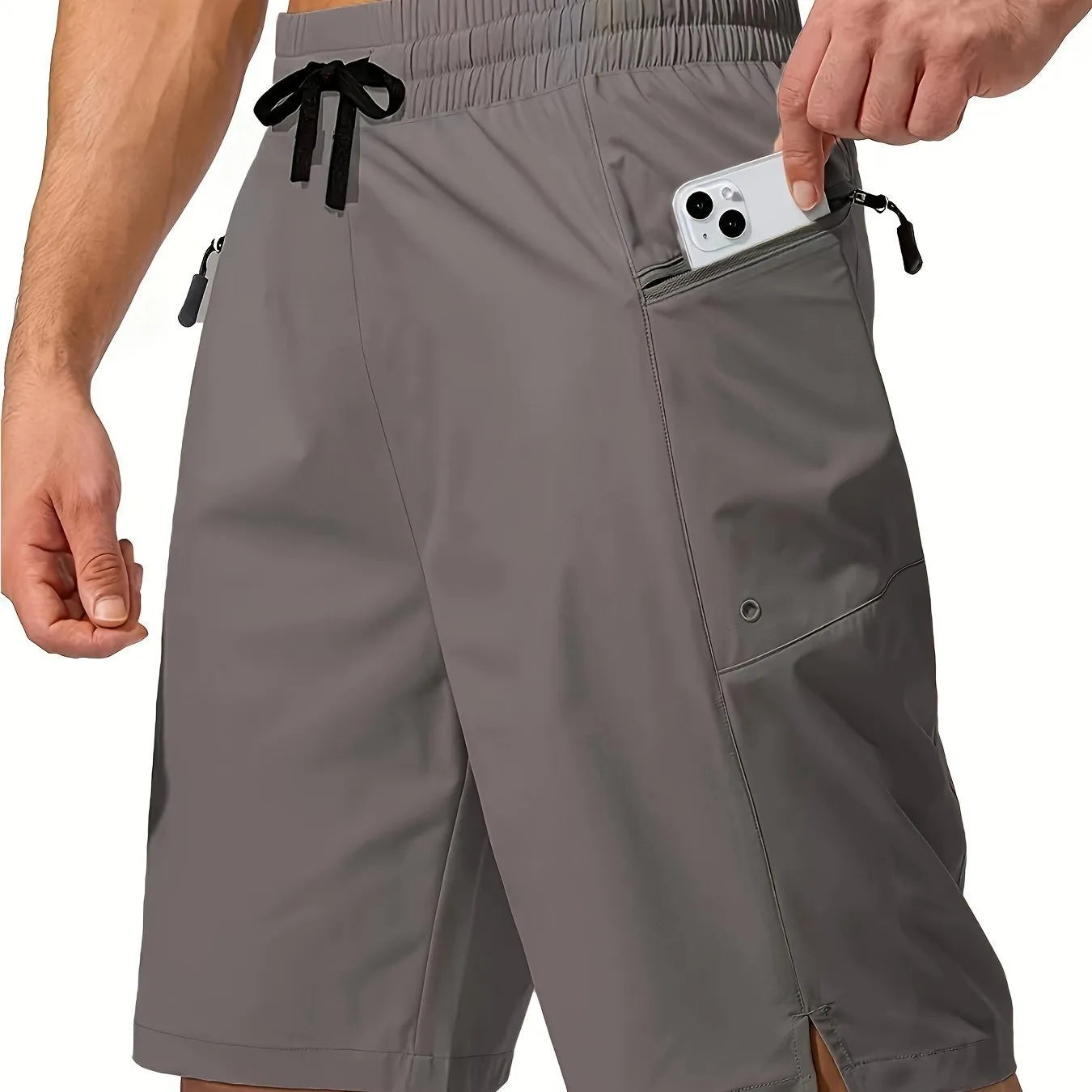 Men's solid colour quick-drying polyester beach shorts in straight leg cut