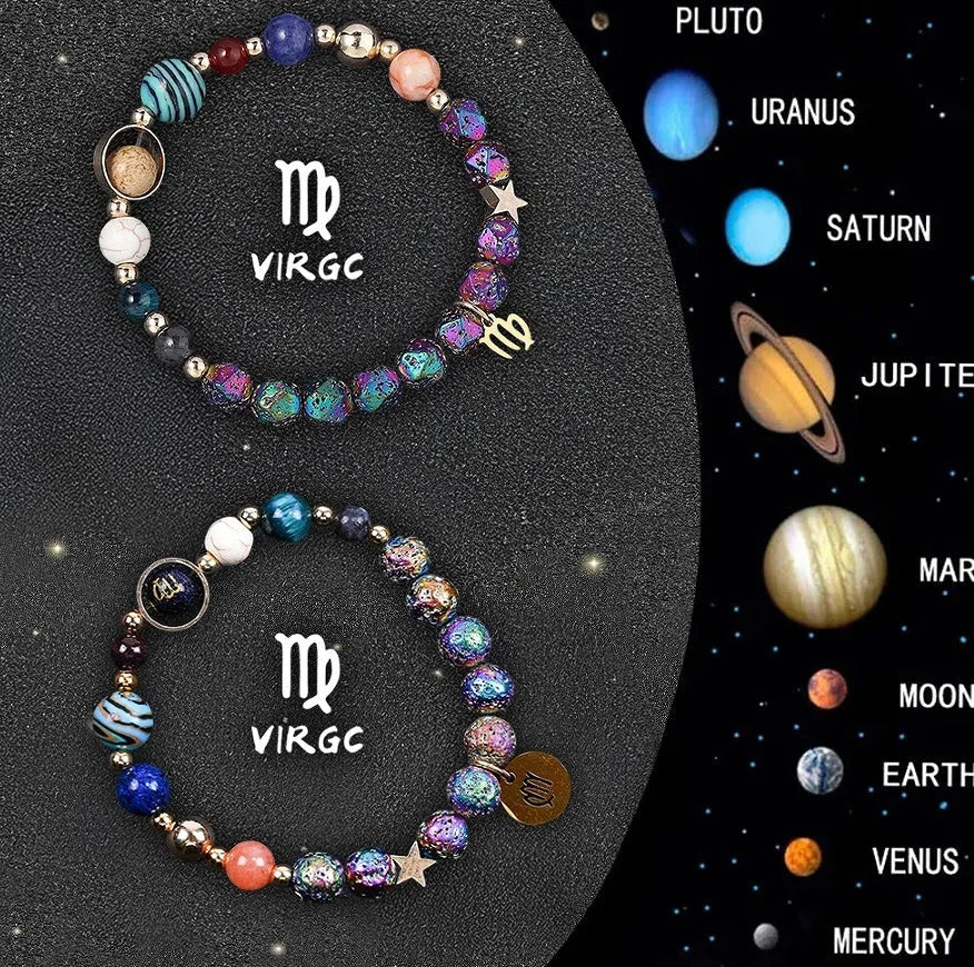 Two natural stone beaded bracelets showing different zodiac sign charms on an adjustable cord.