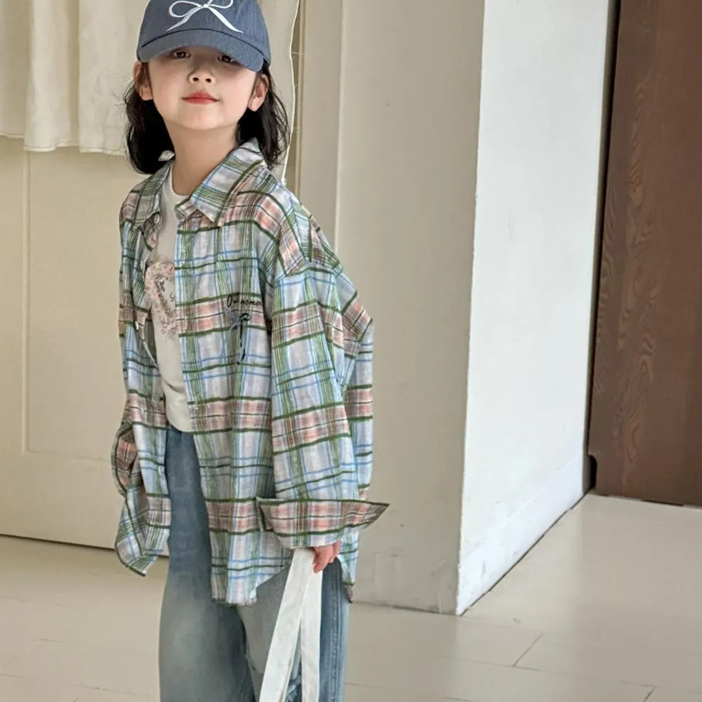 Little Red Fish girls blue plaid cotton long sleeve shirt on plain background