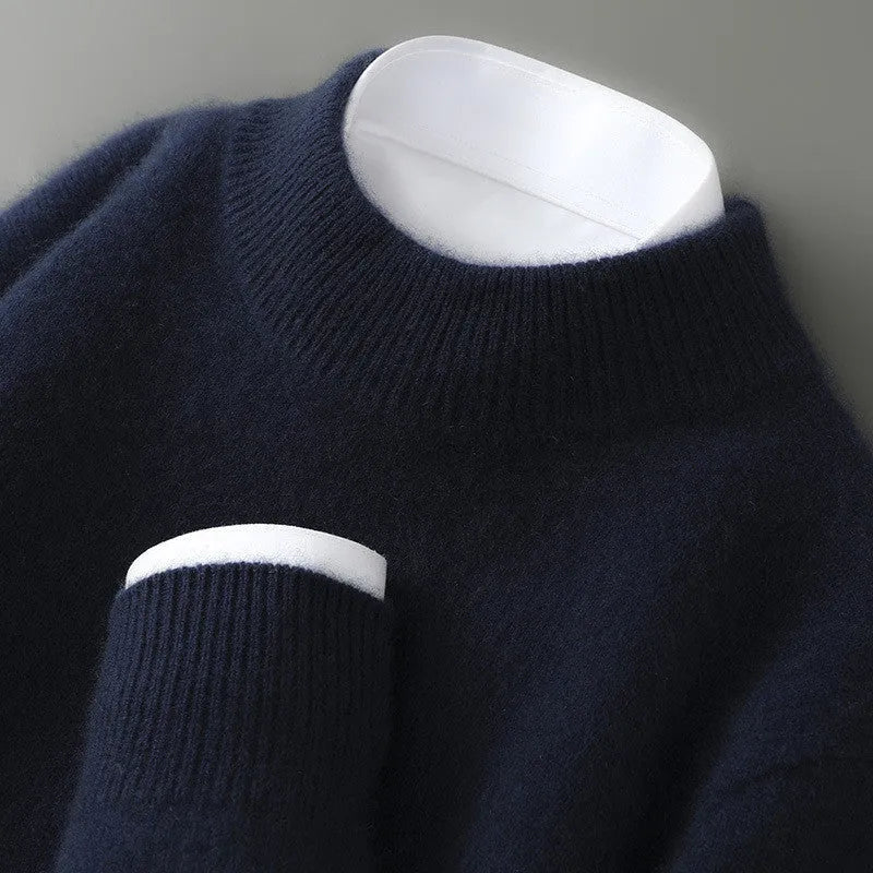 Men's half turtleneck wool blend pullover sweater in beige with loose batwing sleeves, thick knit, long sleeves, plus size fit
