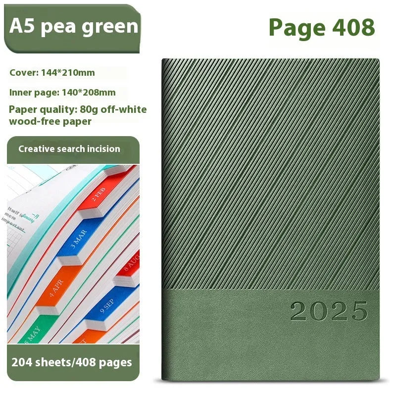 A5 business notepad with striped PU leather cover open on 80g wood-free paper, showing one of eight colour options.