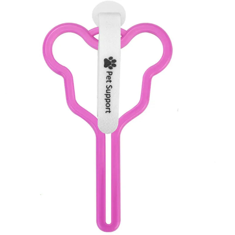 A dog poop bag holder with a fixed clip and adjustable Velcro strap, shown in a random colour.