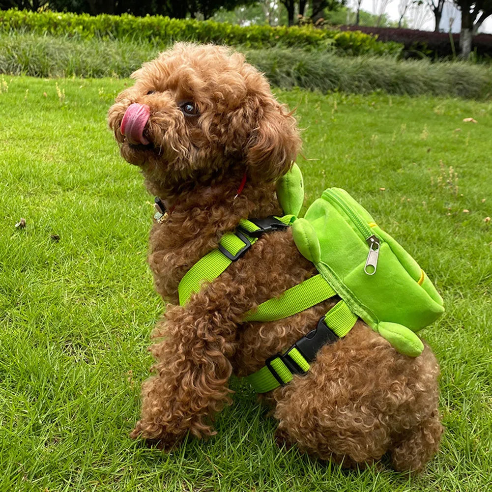 Cartoon turtle shape dog backpack with harness vest in velvet material showing 20x18cm capacity