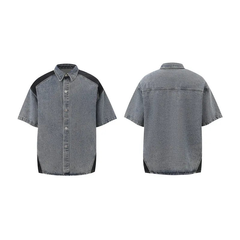 Retro washed denim short-sleeved jacket and trousers suit in blue or black