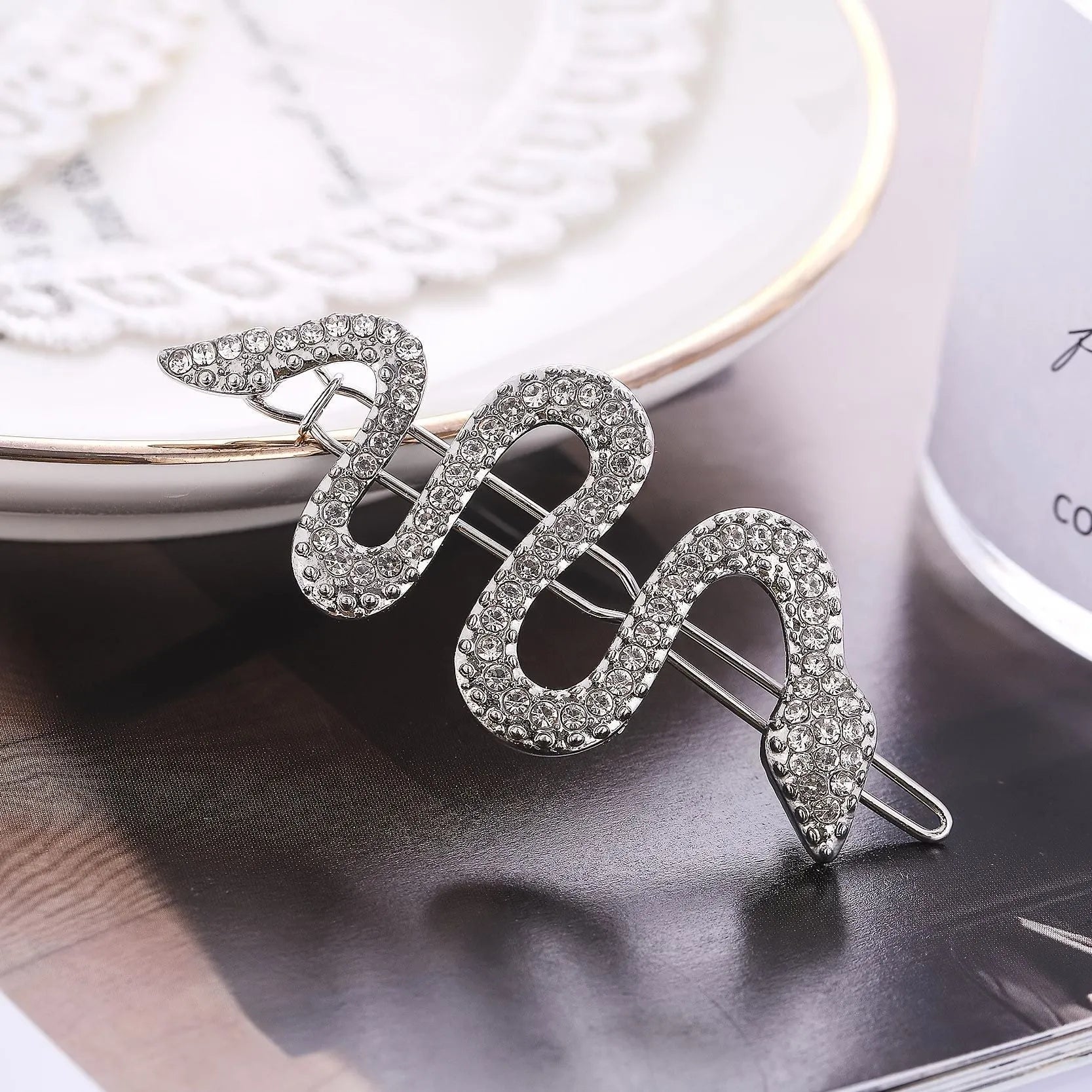 Korean vintage snake hair barrette with rhinestone detailing in gold electroplated alloy