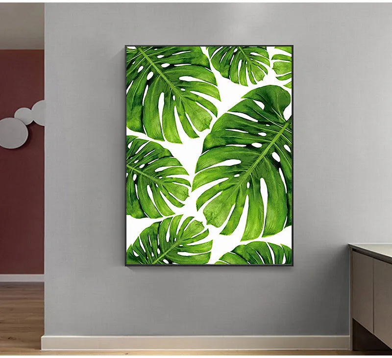 Frameless canvas wall art with green plant pattern in multiple sizes 10x15cm to 60x90cm