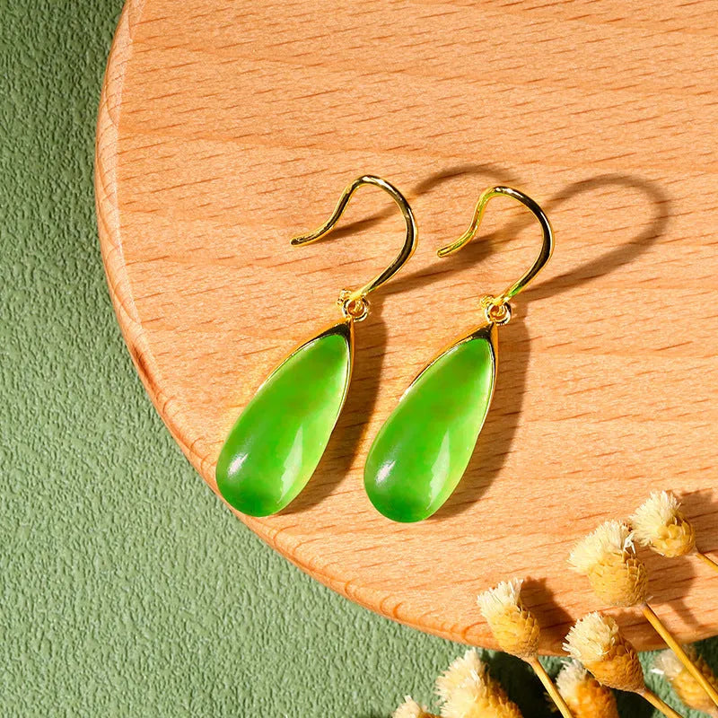 Retro Chinese-style geometric earrings with jade green electroplated finish and water droplet design on copper base