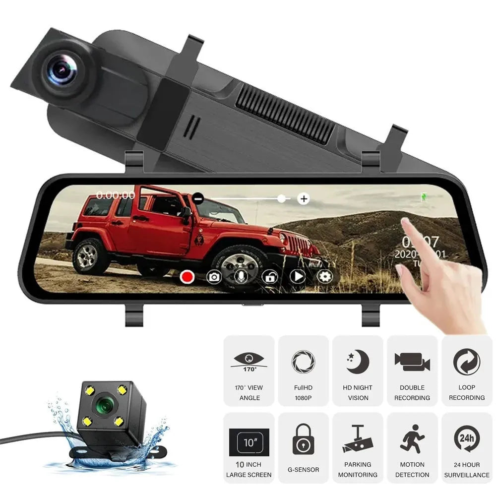 10-inch full-screen dash cam with front and rear dual lenses displaying road footage on its touchscreen