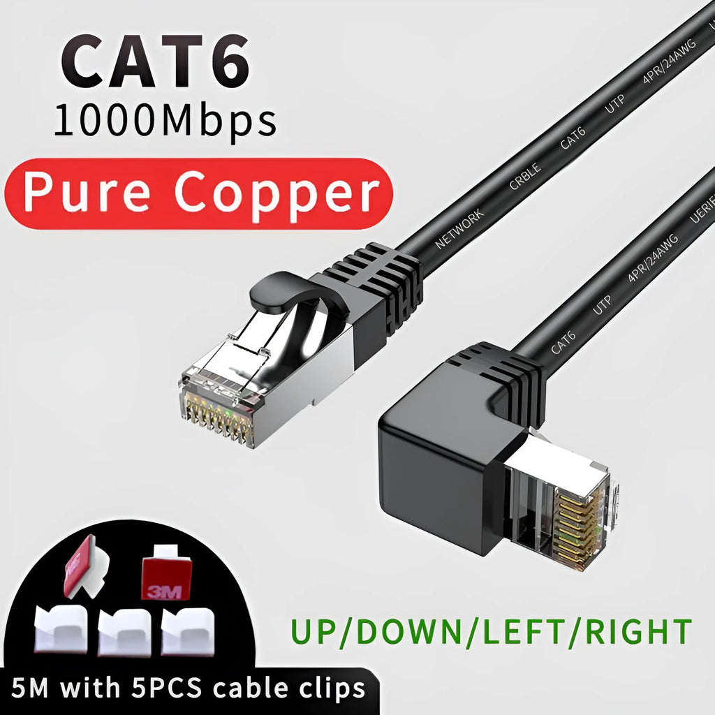 Cat6 Ethernet cable with angled RJ45 connectors in various colours and lengths on a grey background