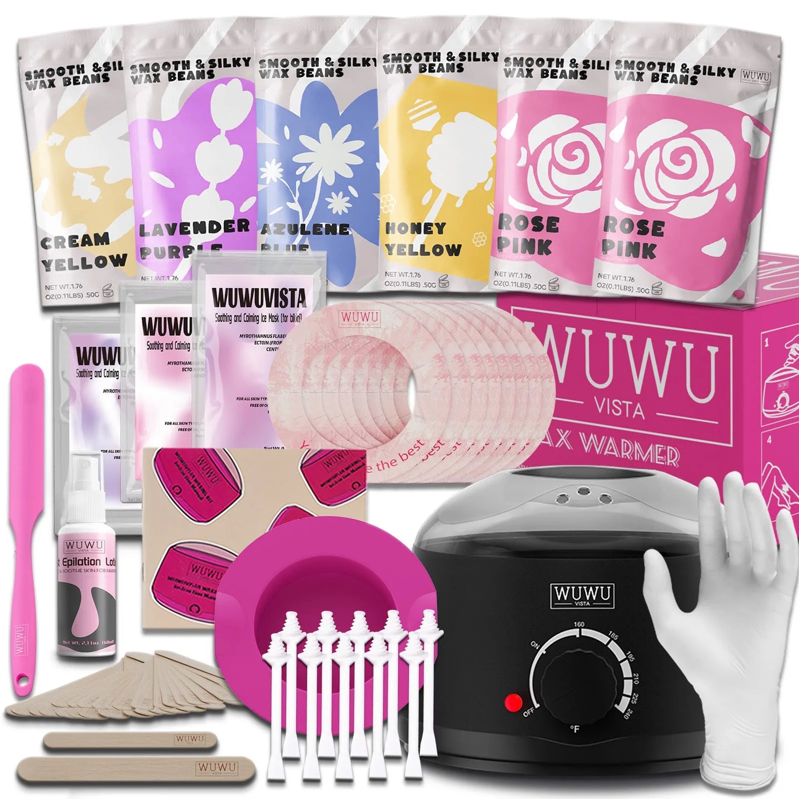 WUWUVISTA 56-piece professional hard wax hair removal kit with wax warmer, beads, applicators and aftercare products
