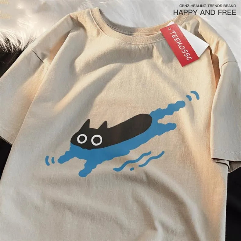 Plus size short sleeve cotton T-shirt with Diving Black Cat design in black colour