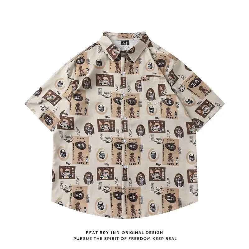 Man's loose-fit short sleeve shirt with a full floral print, styled as an open cardigan.