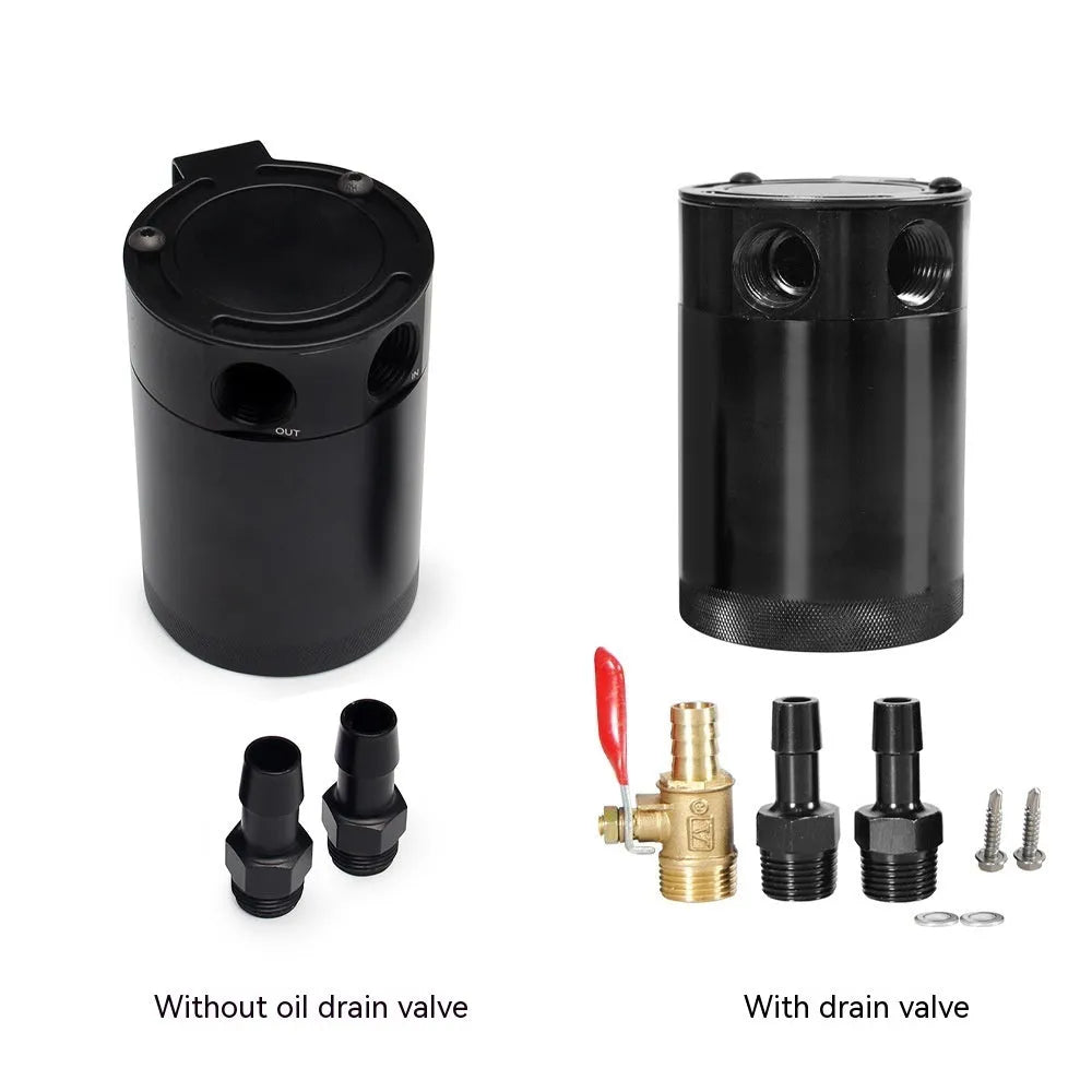 Black aluminium automotive oil pot with two connector holes and optional drain valve