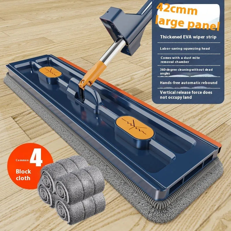 Large flat mop with stainless steel handle and blue cleaning cloths showing 360-degree rotating head