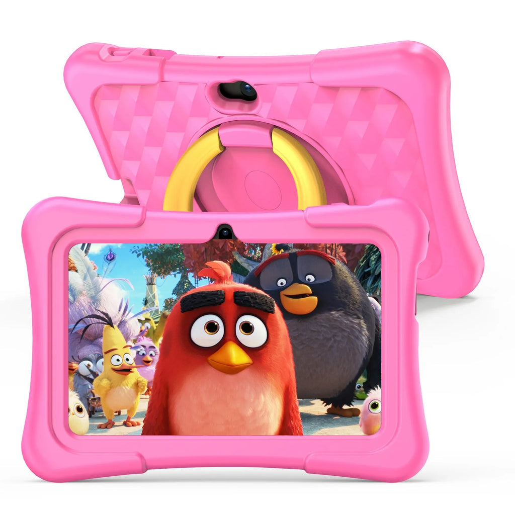 Blue children's educational tablet with silicone cover and a white rotating handle, showing a 7-inch screen.