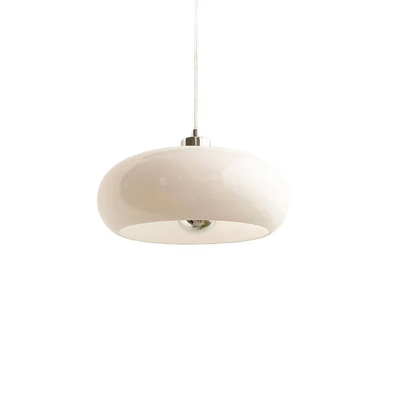 Bauhaus pendant light with three milk white egg tart shaped glass shades