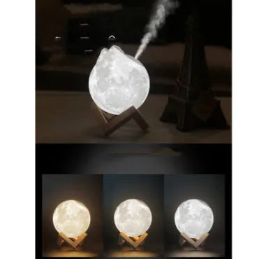Wood grain spherical USB humidifier and night light on a table, showing its 13 cm size.