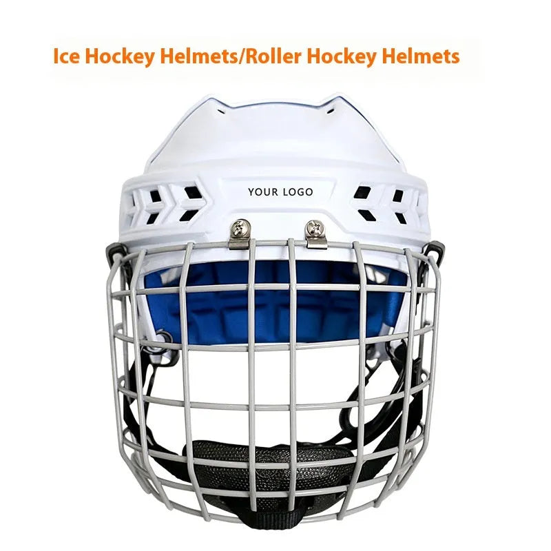 Ice hockey helmet with carbon steel face mask, showing impact-resistant PP shell and cushioned EVA lining interior.