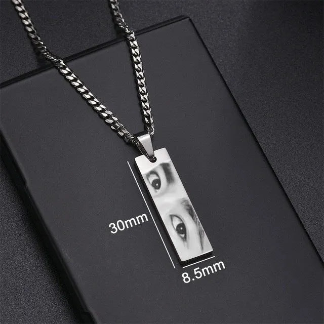 Custom stainless steel necklace with engraved eye photo on titanium steel geometric pendant, colour HZ001