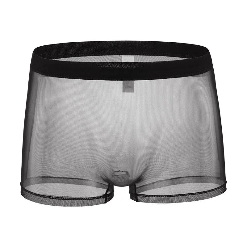 Men's thin sheer mesh boxer briefs in multiple colours on a size chart.