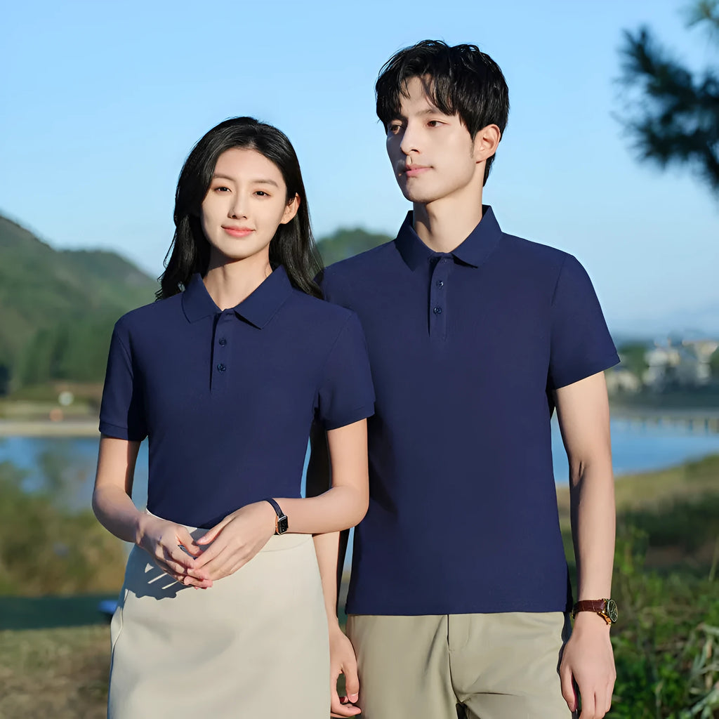 Summer short-sleeved polo shirt with lapel in Beige, made from combed cotton viscose blend, size M, front view