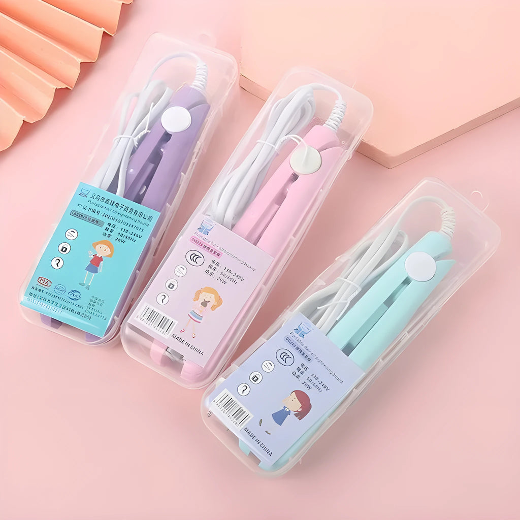 Mini hair straightener with storage box in choice of blue, pink, purple, white or yellow colour