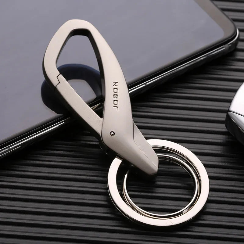 Zinc alloy double-ring keychain for waist attachment in black, chrome, or nickel colours