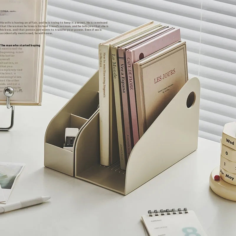 Desktop storage box with 2-layer plastic construction in ivory white or milk coffee colour