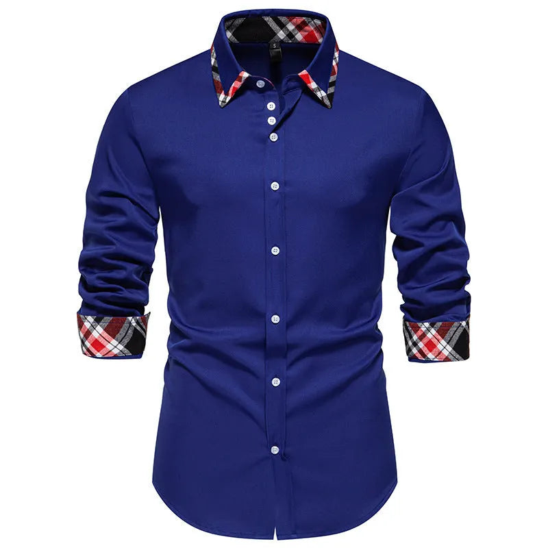 Men's plaid long sleeve shirt with contrast colour triangle collar in chemical fibre blend fabric