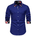 Men's plaid long sleeve shirt with contrast colour triangle collar in chemical fibre blend fabric