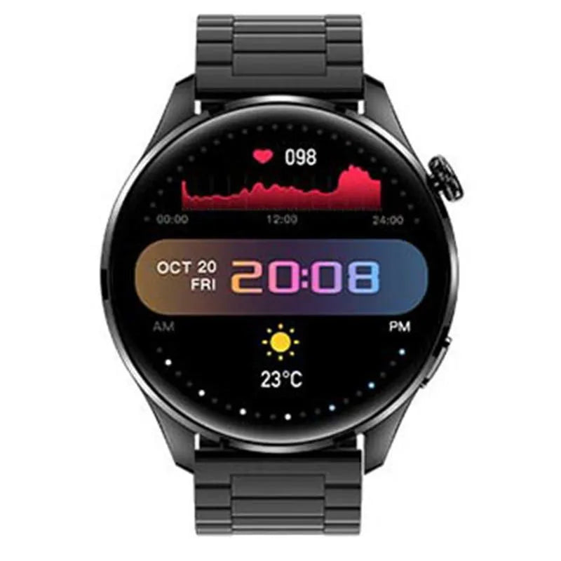 Black smartwatch with round colour screen on a silicone strap, showing call interface.