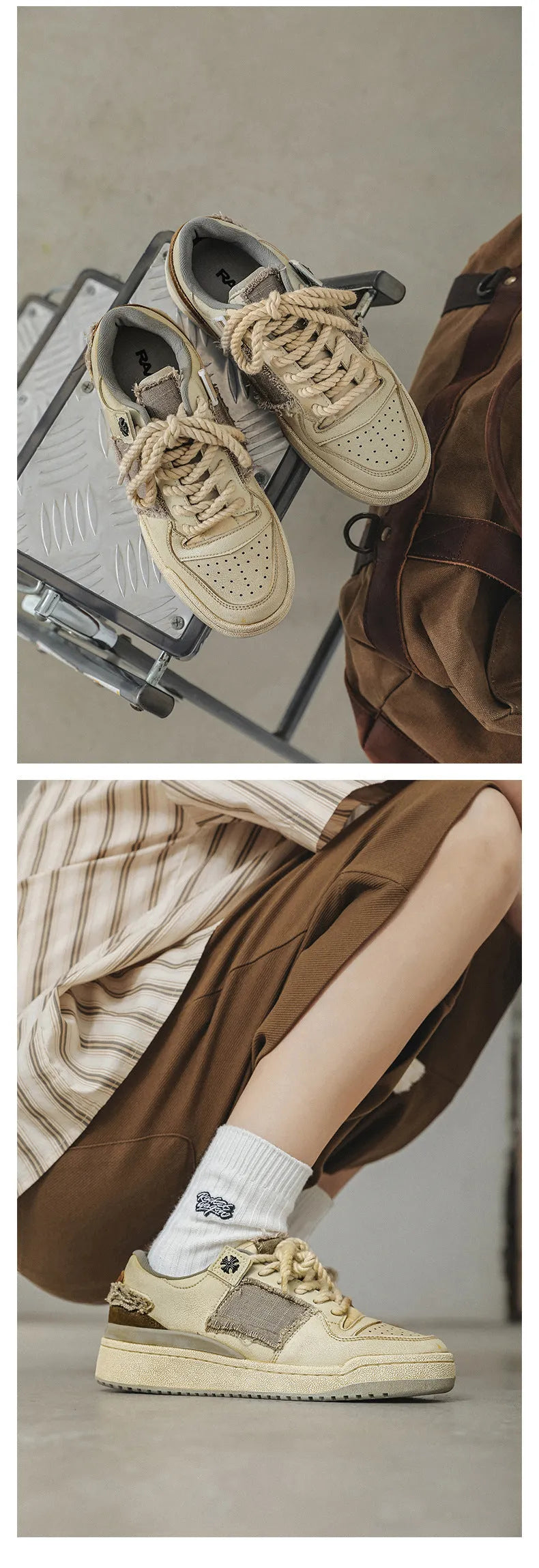 Beige low-top casual skateboard shoes with round toe and front lace-up on a rubber sole.
