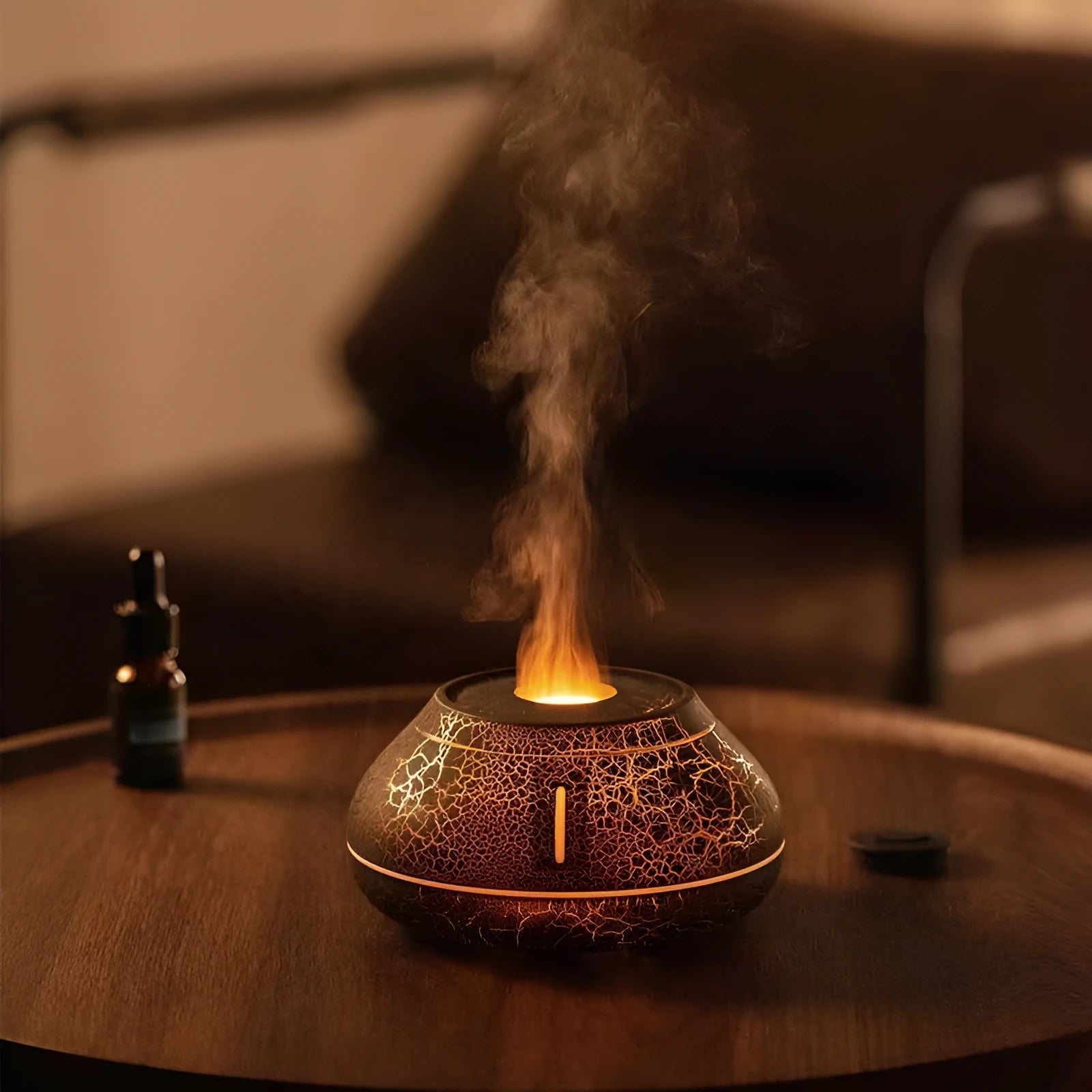 Desktop aroma diffuser with colourful simulation flame effect and LED light in white finish