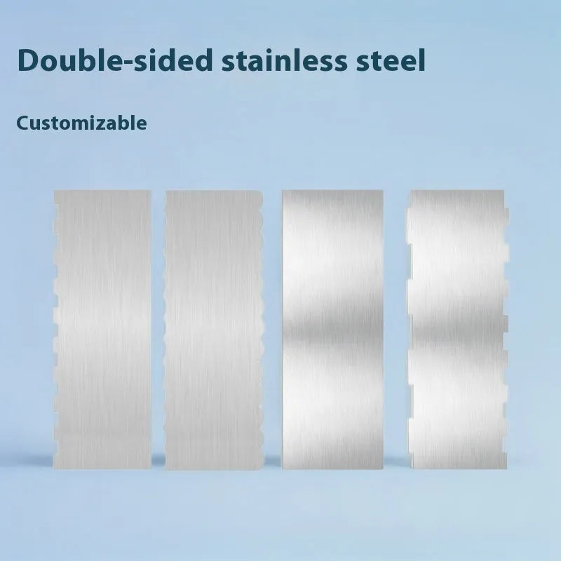 Stainless steel cake scraper with a polygon patterned blade for icing and filling work.