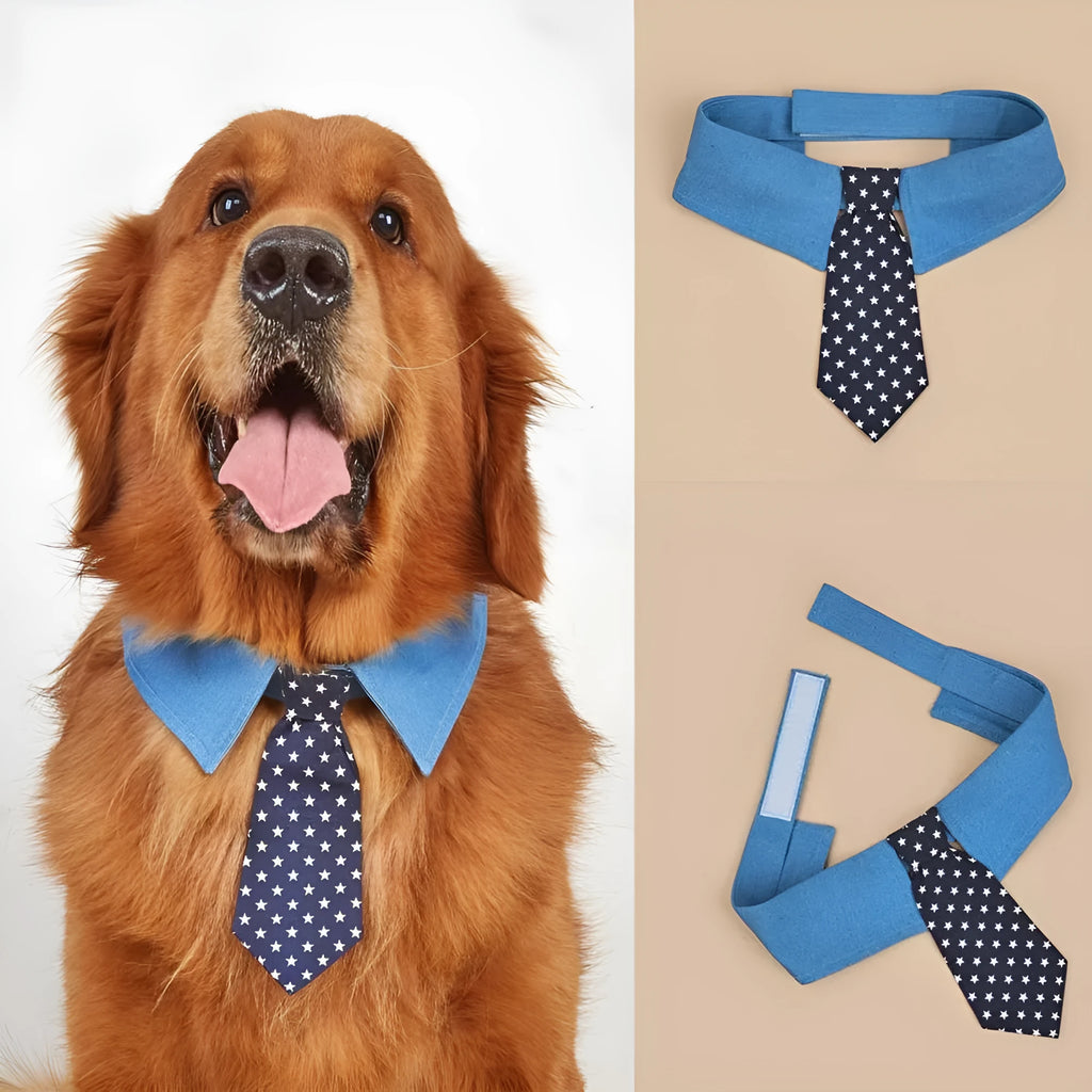 Blue denim dog collar styled as a necktie with white star pattern, showing fastener tape adjustment.