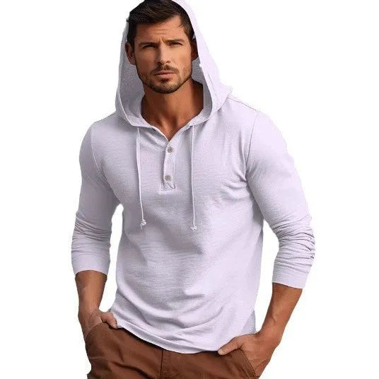 Men's cotton hooded sweatshirt in dark blue with pullover design and long sleeves