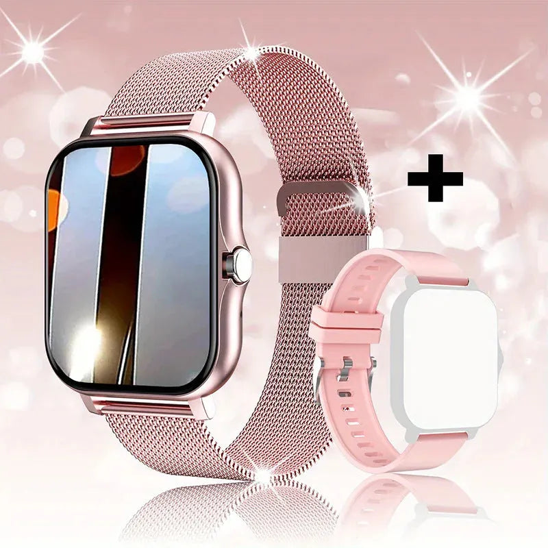 Smart watch with touch screen showing Bluetooth calling and health tracking features on silicone strap