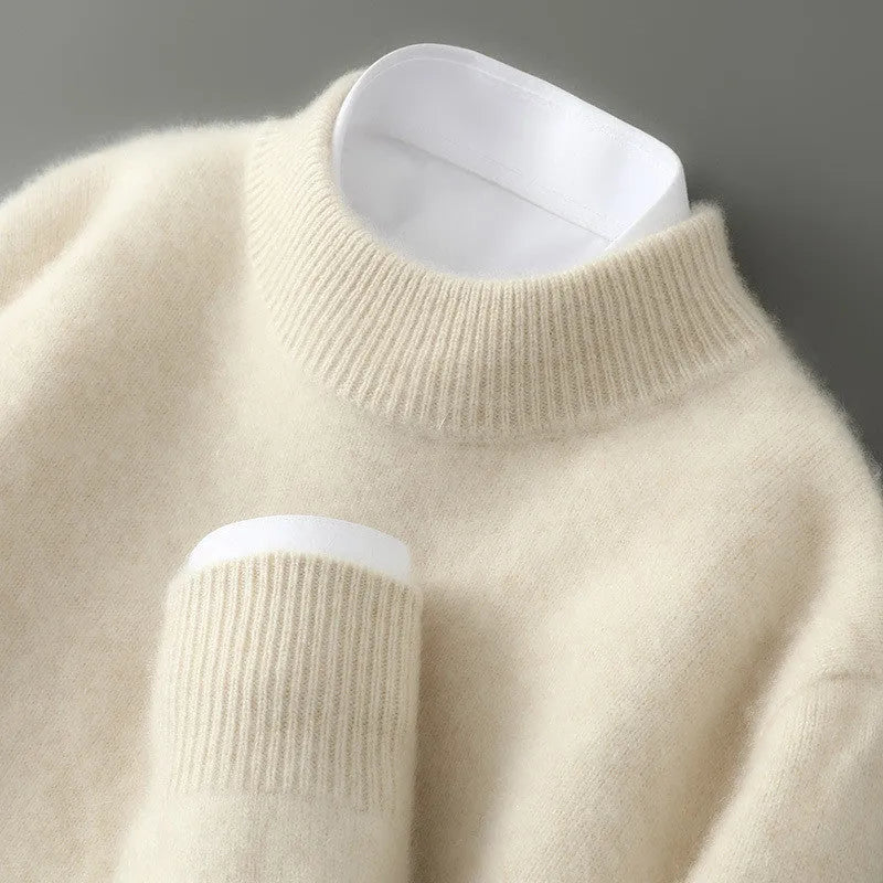 Men's half turtleneck wool blend pullover sweater in beige with loose batwing sleeves, thick knit, long sleeves, plus size fit