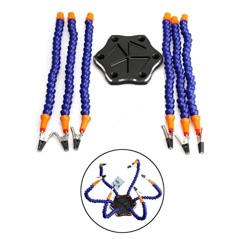 Black and purple aluminium alloy welding station with six claws and seven auxiliary arms for model repair